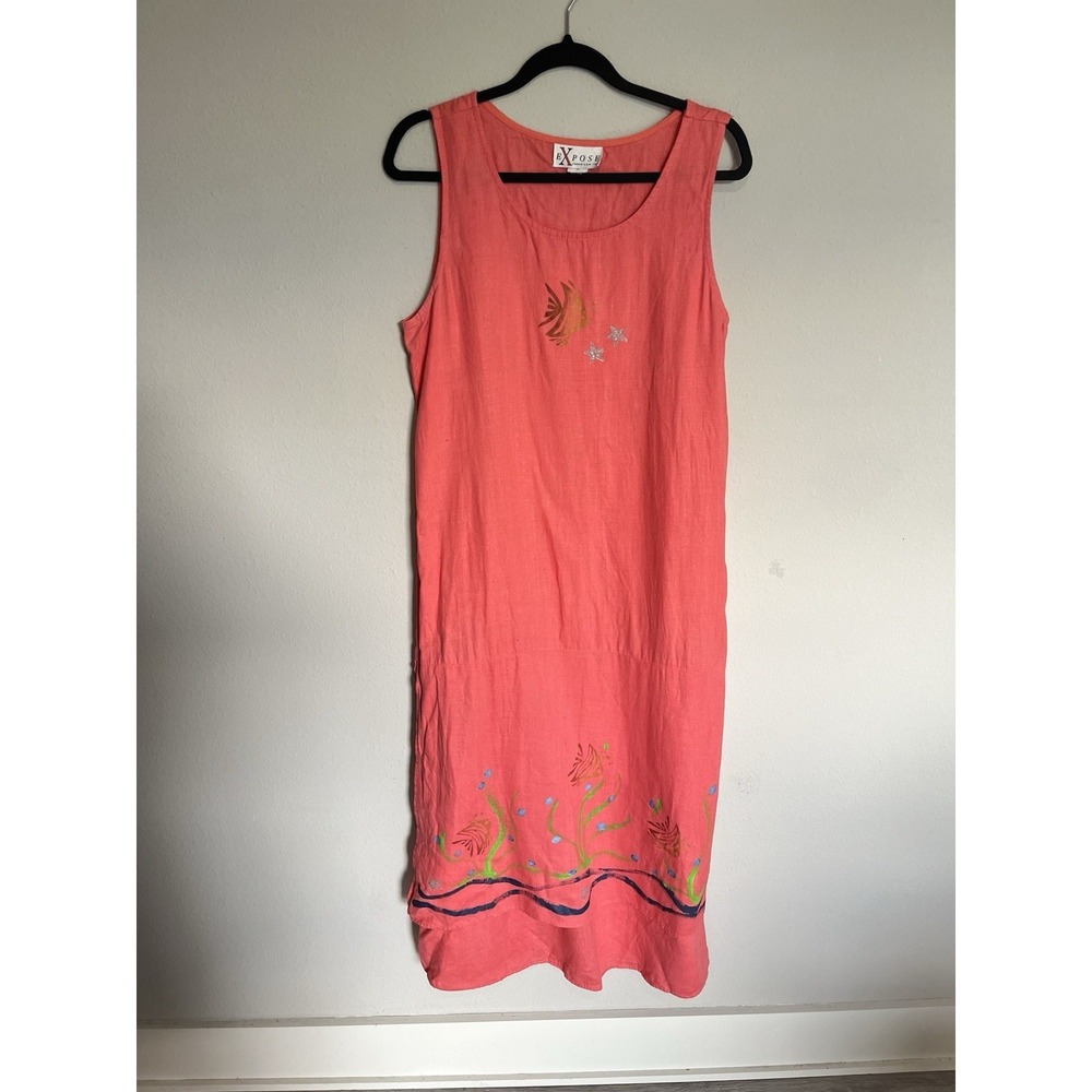 Expose Pink Linen Maxi Dress Size Med Sleeveless Vacation Tropical Fish Vintage